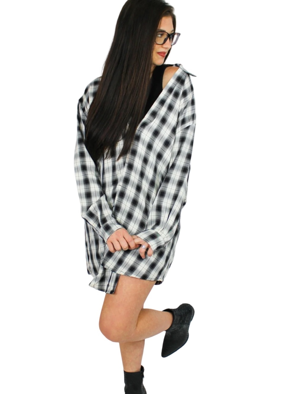 NWT Mable Black & White Plaid Oversized Button-Down Dress with Attached Tank Top - Picture 2 of 10